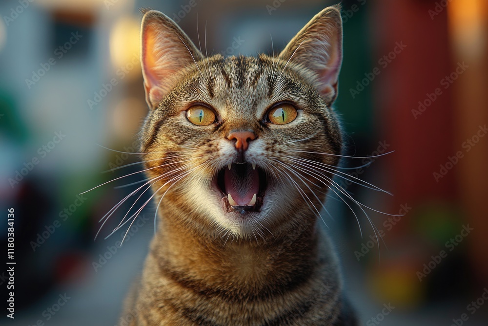 Poster a close-up shot of a cat's face with its mouth open, suitable for use in pet-related or wildlife pho
