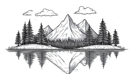 Fototapeta premium Hand-drawn illustration of a mountain range reflected in a lake with pine trees in the foreground and clouds in the sky.
