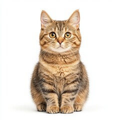 Obraz premium A cute tabby Wirehair cat sits upright, showcasing its striking features and playful demeanor against a clean white background.