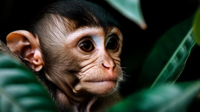 Cute baby monkey sitting on a branch in tropical forest. Wildlife, zoo and environmental concept. Exotic animal in nature habitat. World Wildlife Day, National Park Week, Monkey Day