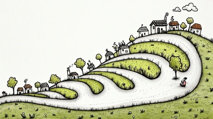 Hand-drawn illustration of a winding road leading up a hillside with houses and trees.