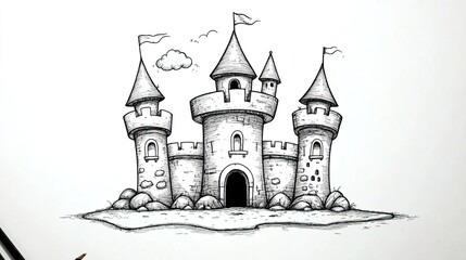 Obraz premium Hand-drawn illustration of a whimsical castle with three towers, flags, and a cloud in the background.