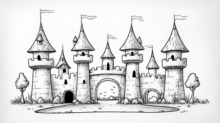 Obraz premium Hand-drawn illustration of a whimsical fairytale castle with four towers, a moat, and a large archway entrance.