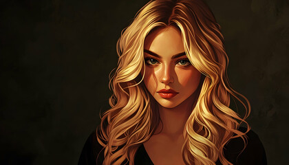 Digital illustration of a young woman with glossy, wavy blonde hair, set against a dark background AI Generated