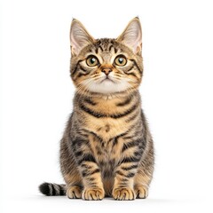 Obraz premium A cute tabby Oregon Rex cat looking curiously at the camera, showcasing its playful and innocent nature in a bright setting.