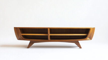 Mid-century modern wooden media console with curved design and two shelves.