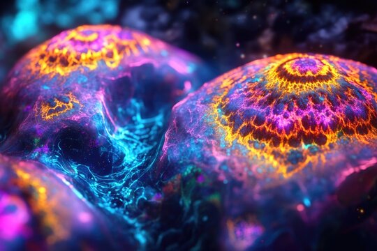 A close-up view of two rocks in a dark room