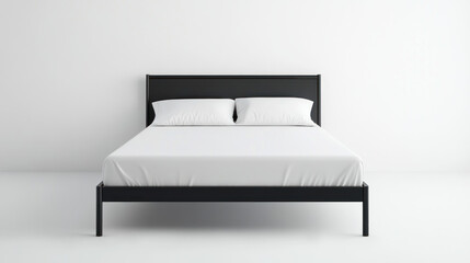 Minimalist black bed frame with white bedding in a bright room.
