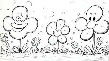 Fototapeta premium Three cartoon flowers with happy faces, two with four petals and one with five petals, in a garden.