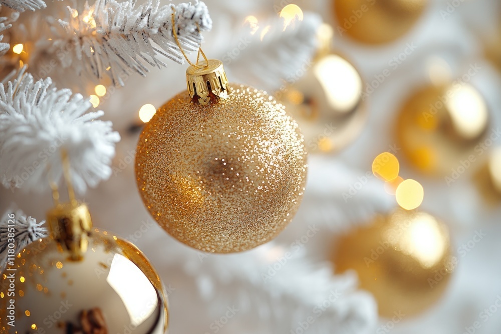 Poster a detailed view of a christmas ornament hanging from a tree branch