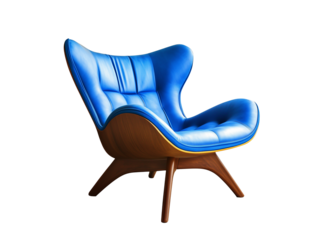 Modern blue lounge chair with unique design and wooden base in stylish living room interior