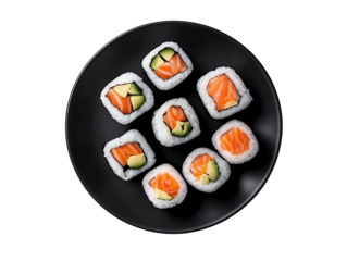 Delicious sushi rolls with fresh salmon and avocado served on a black plate
