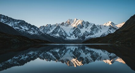 Fototapeta premium A serene mountain lake reflecting the surrounding snowy peaks under a clear blue sky