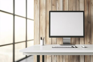 Modern Stand Desk in Bright Office with White and Wood Features - Great for Productive Spaces