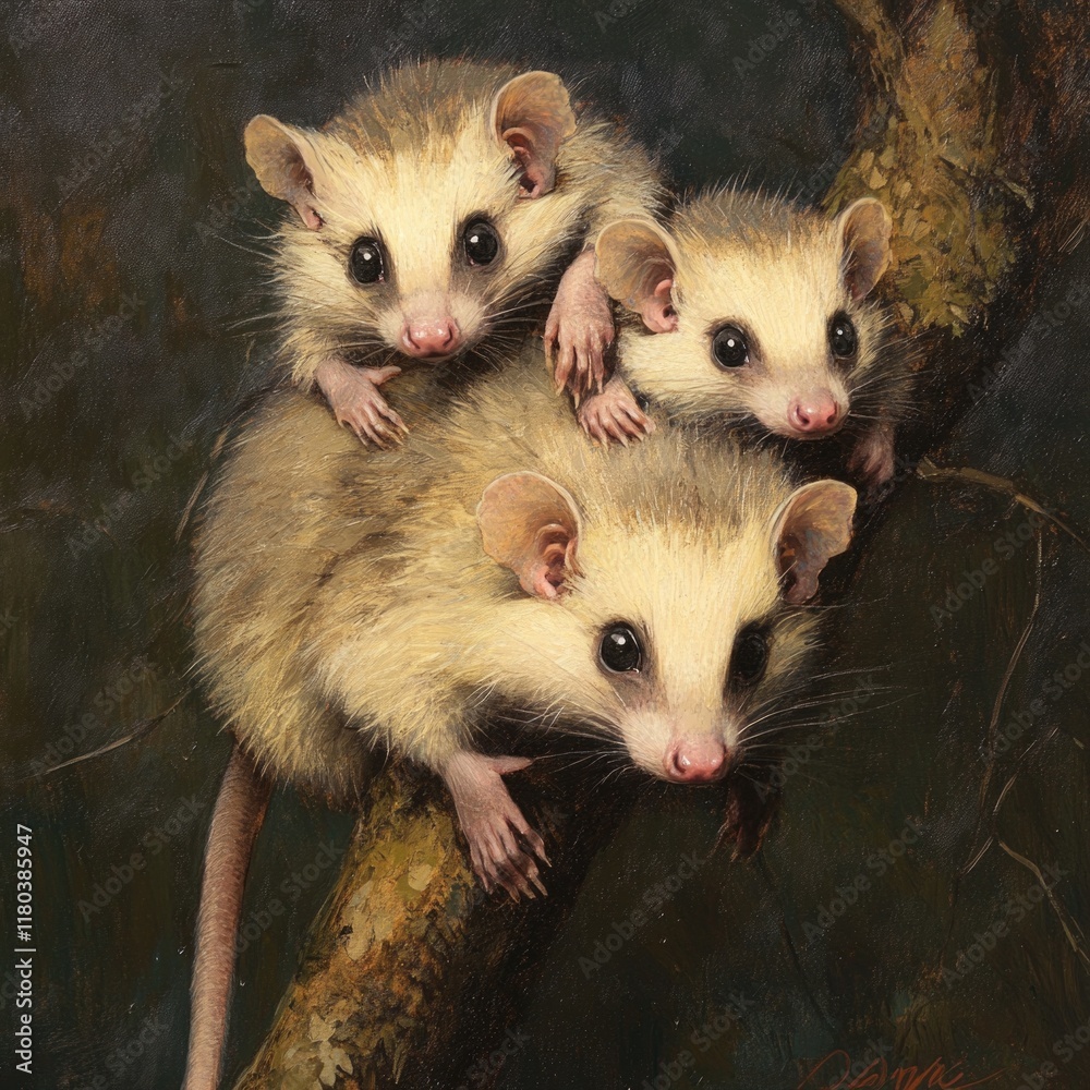 Poster A trio of marsupials resting on a branch, looking out at the viewer