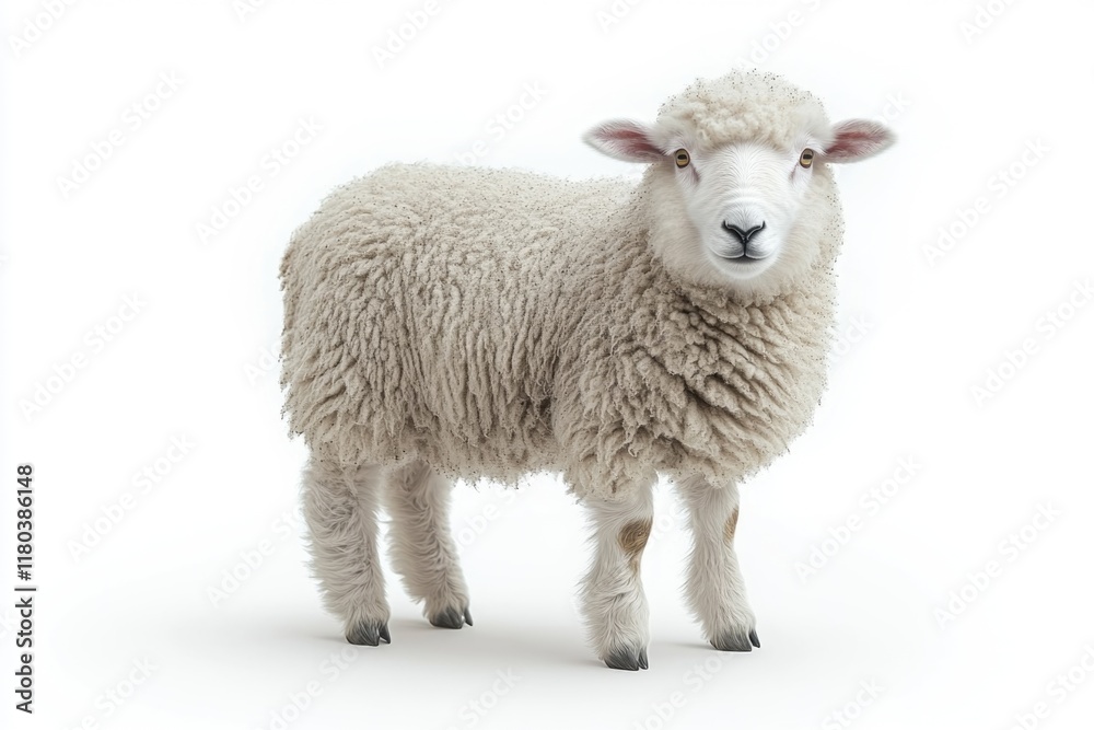 Poster a sheep looks directly at the camera from a white background