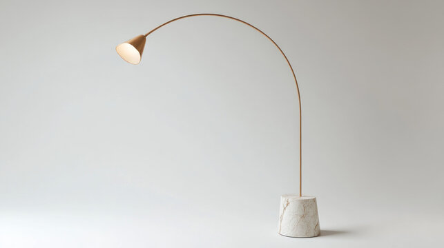 Modern arc floor lamp with marble base, isolated on white background.