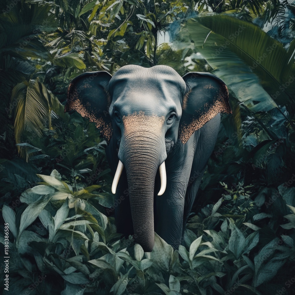 Poster an elephant stands in the center of a dense and vibrant forest, surrounded by tall trees and foliage