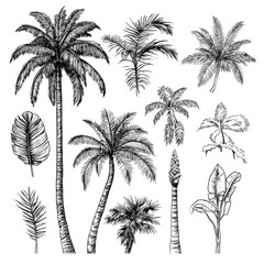 A set of colorful hand-drawn palm tree illustrations