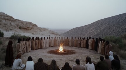 A large circle of robed figures gather around a central fire in a barren landscape, evoking a sense of ritual and unity.