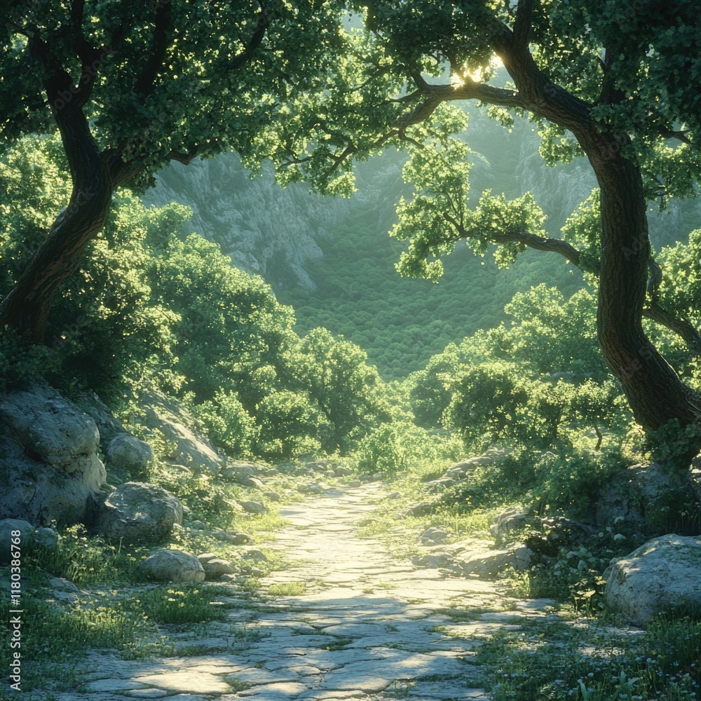 Poster lush green forest pathway with dense foliage and trees on either side
