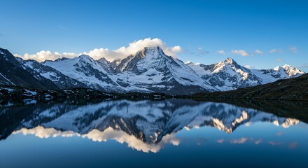A serene mountain lake reflecting the surrounding snowy peaks under a clear blue sky