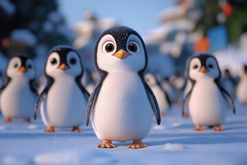 Naklejka premium A group of penguins standing together in snowy landscape