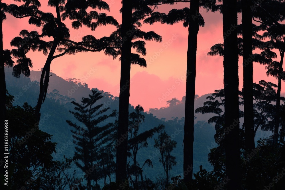 Poster a scenic view of a sunset through the trees, ideal for use in travel or nature-themed projects