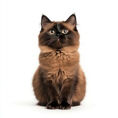A fluffy, brown York Chocolate cat with striking features, sitting gracefully against a plain background. This adorable pet captivates with charm.
