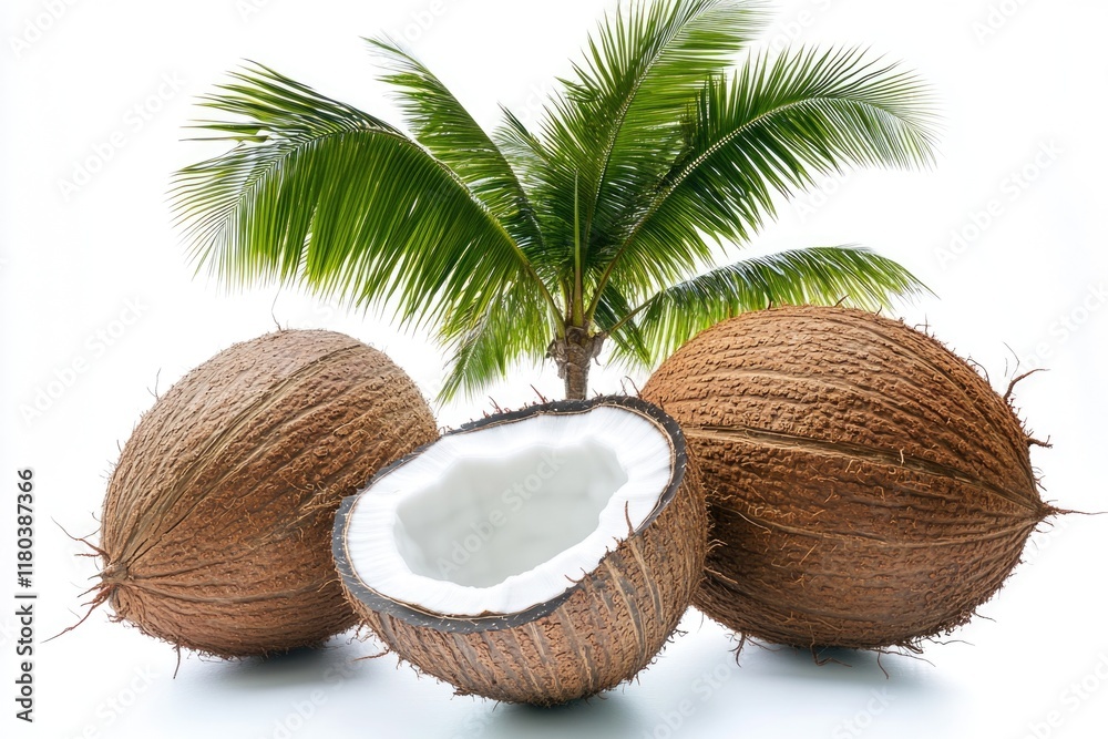 Poster A still life composition featuring three coconuts and a palm tree on a white background