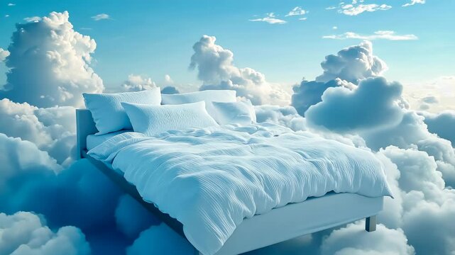 A serene, dreamlike scene depicting a plush bed nestled among fluffy, white clouds against a clear blue sky. This image evokes tranquility and freedom, perfect for themes of peace, dreams, or