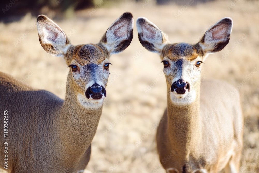 Poster two deer standing side by side in a natural setting, possibly in a forest or meadow