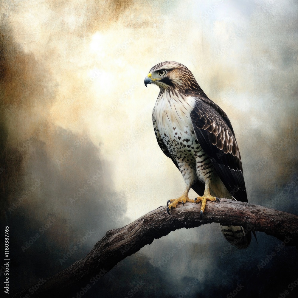 Poster a close-up image of a hawk sitting on a tree branch, with a natural background