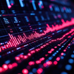 Obraz premium A close-up shot of a computer screen with red and blue lights, perfect for use in tech-related projects or as a design element