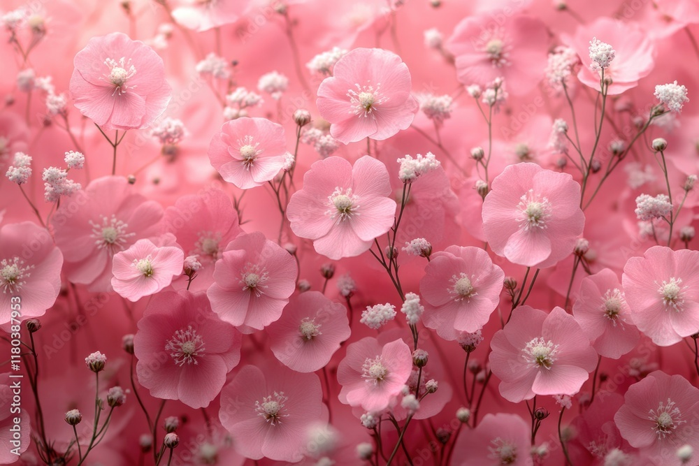 Poster close-up shot of a cluster of pink flowers with white centers, suitable for use in editorial or comm