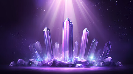 Minimalist stage with podium and crystal light refraction on purple background, ideal for event, presentation or conference concepts. Crystalpath. Illustration