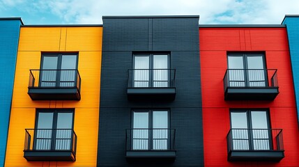 Fototapeta premium Colorful modern building facade with balconies and large windows.