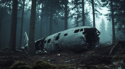 An abandoned aircraft fuselage rests hauntingly in a misty, dense forest, evoking a sense of mystery and lost history.