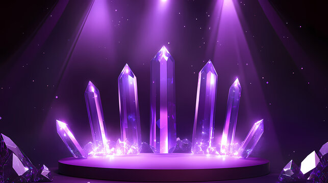 Minimalist stage with podium and crystal light refraction on purple background, ideal for event, presentation or conference concepts. Crystalpath. Illustration