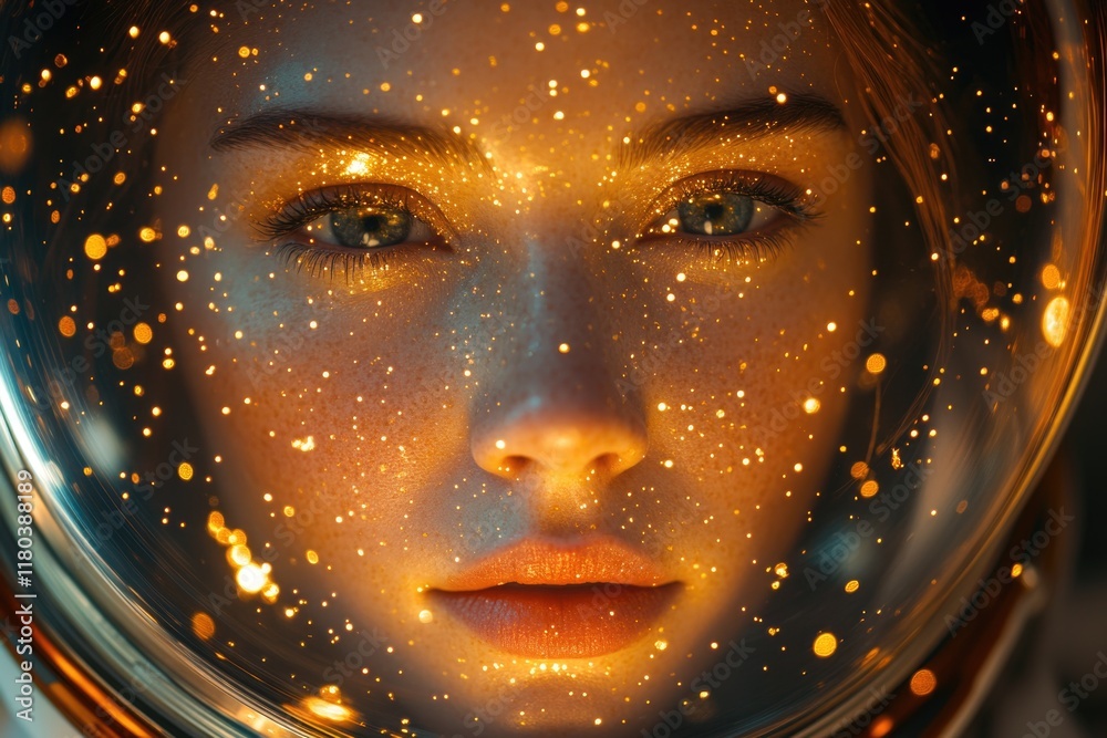 Poster A close-up view of an astronaut wearing a space suit, suitable for use in sci-fi or futuristic themed projects
