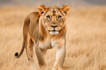A lion roaming freely in a dry grass-covered field, suitable for use as a wildlife or nature scene background image