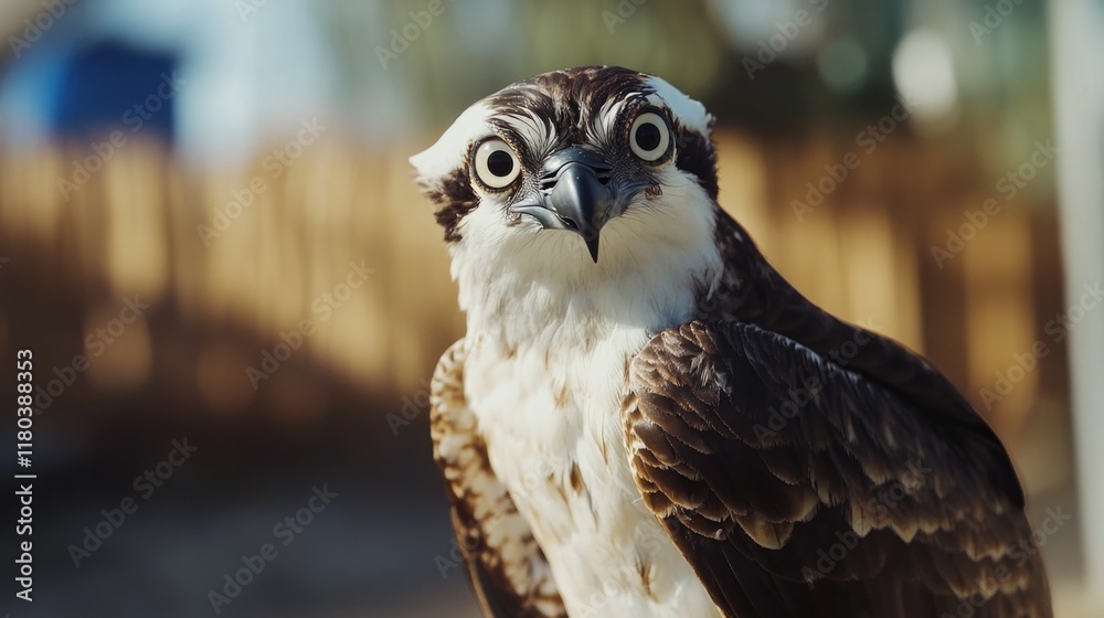 Poster a close-up shot of a bird of prey's face, with sharp features and piercing eyes
