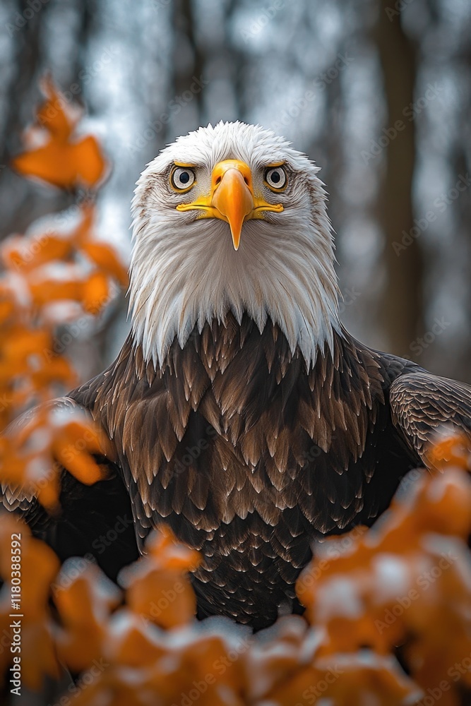 Poster a close-up shot of a bird of prey perched in a tree, ready to take flight