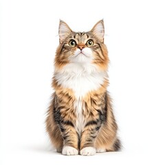 A fluffy domestic Norwegian Forest cat with a striking coat, gazing upwards with curiosity against a stark white backdrop.