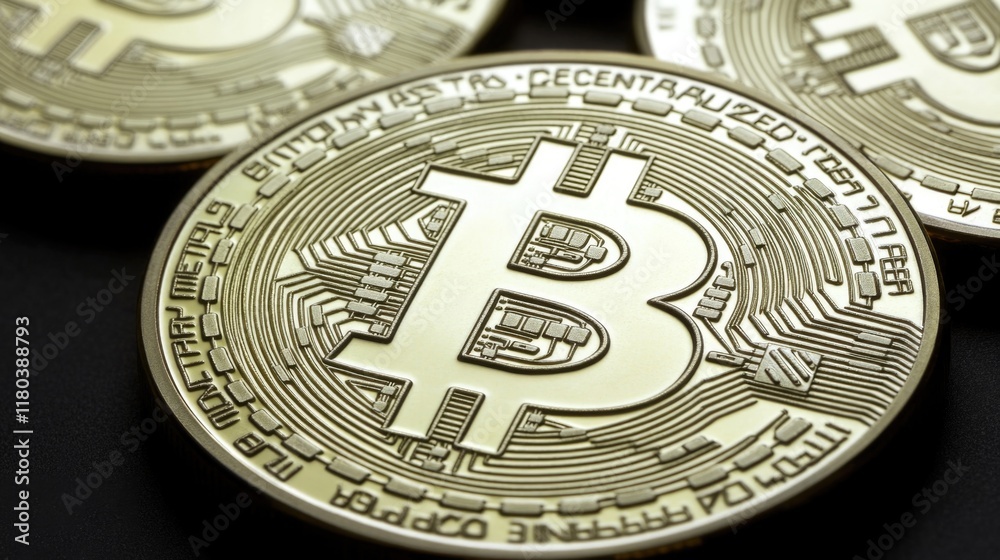 Poster a close-up of three bitcoins on a table