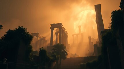 sunset over the old town ruins