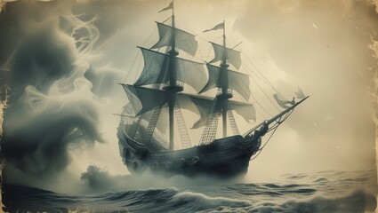 sailing ghost ship in the sea