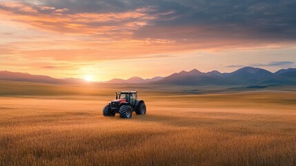 Fototapeta premium Bright Sunset Over Golden Wheat Field with Tractor in Scenic Rural Landscape