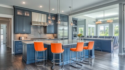 Modern grey and blue modular kitchen cabinet with steel details, dark wood floor, bar table and orange chairs in dining area. Concept of kitchen space interior design. Corner view. 3d rendering