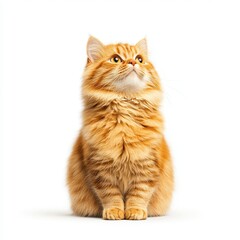 Obraz premium A fluffy orange Cymric cat gazes upwards, showcasing its curious and playful nature against a bright white background.
